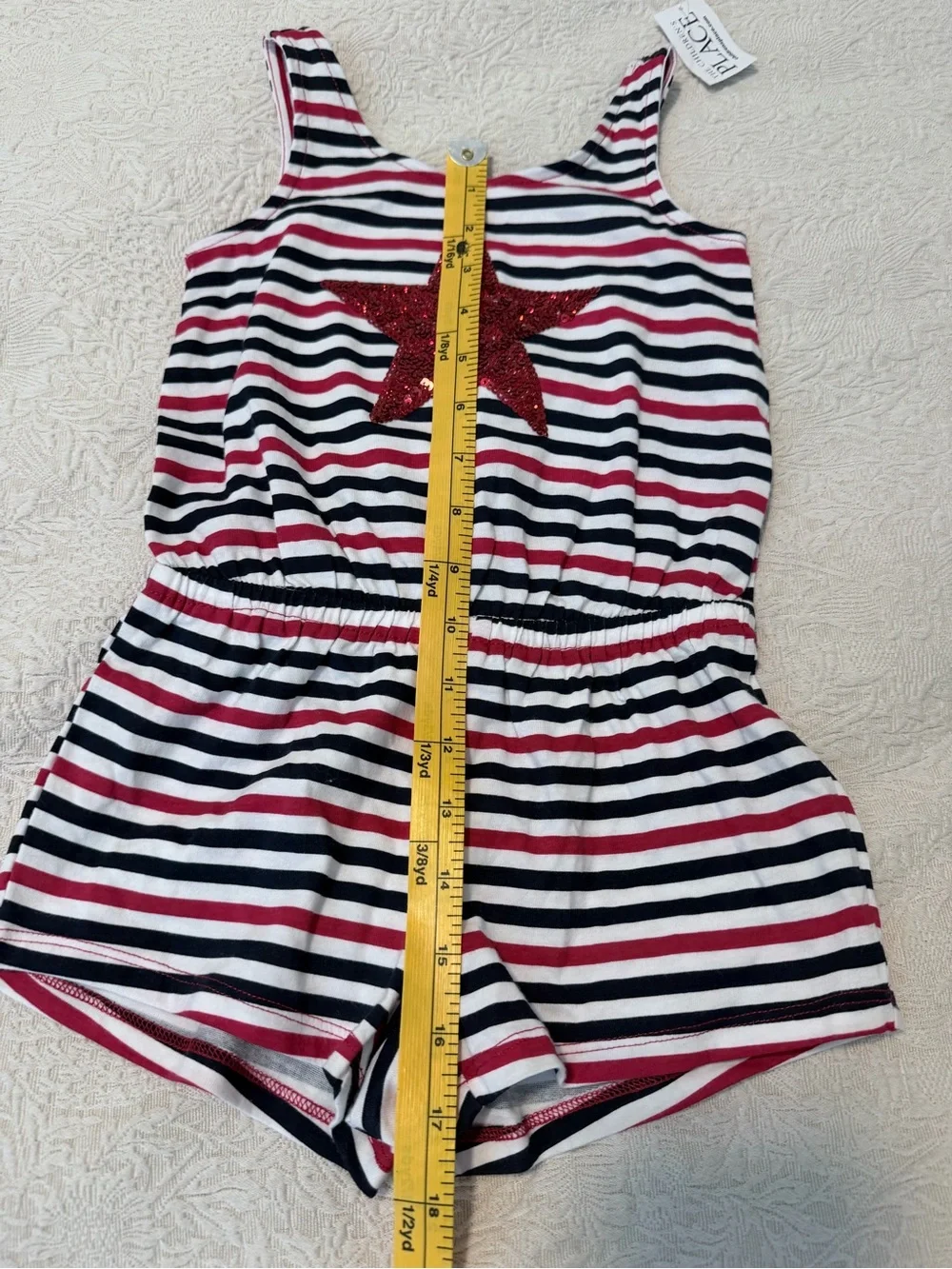 The Children's Place Navy and White Striped Romper with Red Sequin Star
